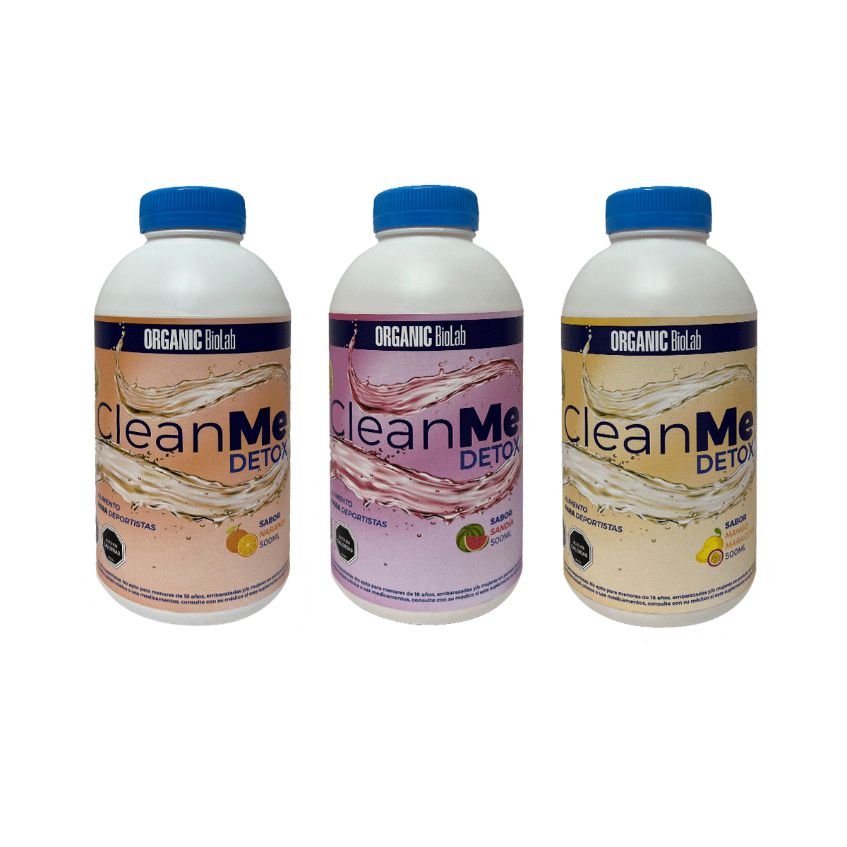 CleanMe Detox en sus tres sabores: naranja, sandía y mango-maracuyá
